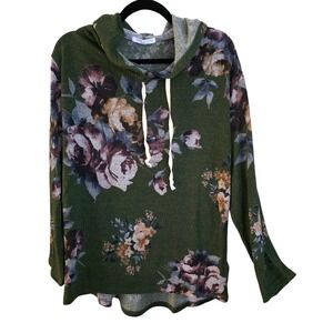 Chris & Carol Green Floral Print‎ Hoodie Cowl Neck Long Sleeve Made in USA Women